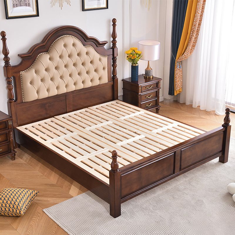 Brown Wood King Bed Tufted Nailhead Upholstered Bed Frame with Headboard