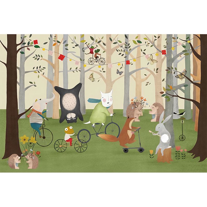 Fresh Animal and Forest Mural for Boy or Girl, Custom-Made Wall Covering in Beige and Green
