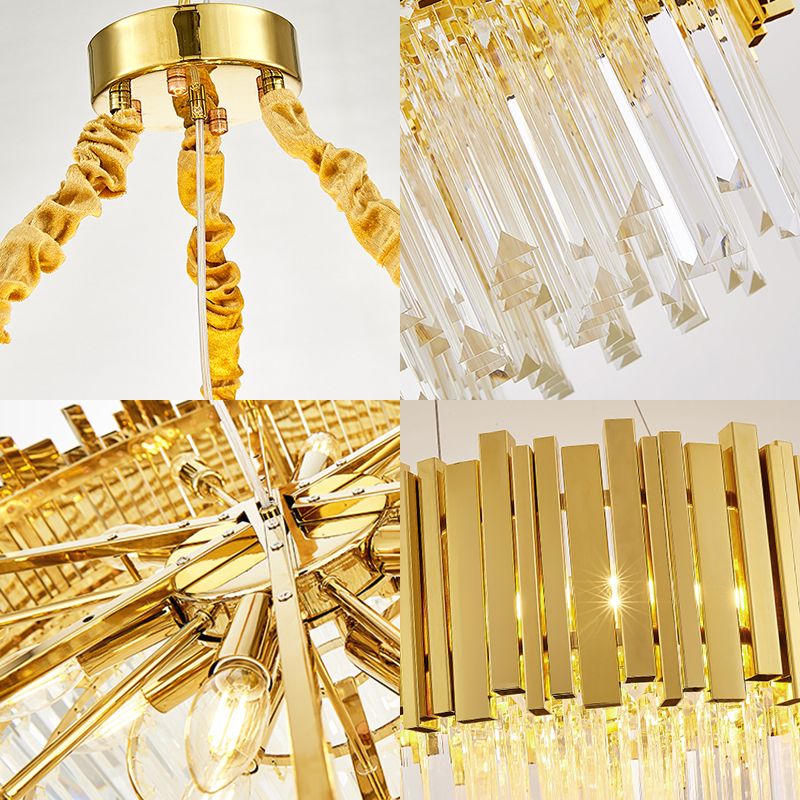 26"/35.5"/39" W Modern Oblong Layered Metal Chandelier Lamp 6-Light Golden Hanging Light with Crystal Icicles