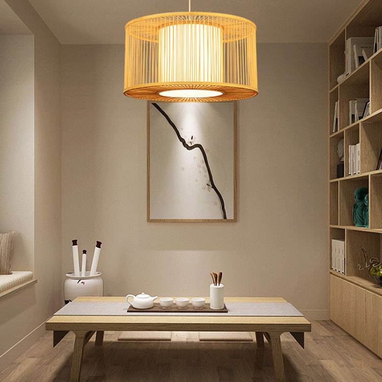 Hand-worked Drum Shaped Pendant Modern Wood 1-Light Restaurant Hanging Lighting