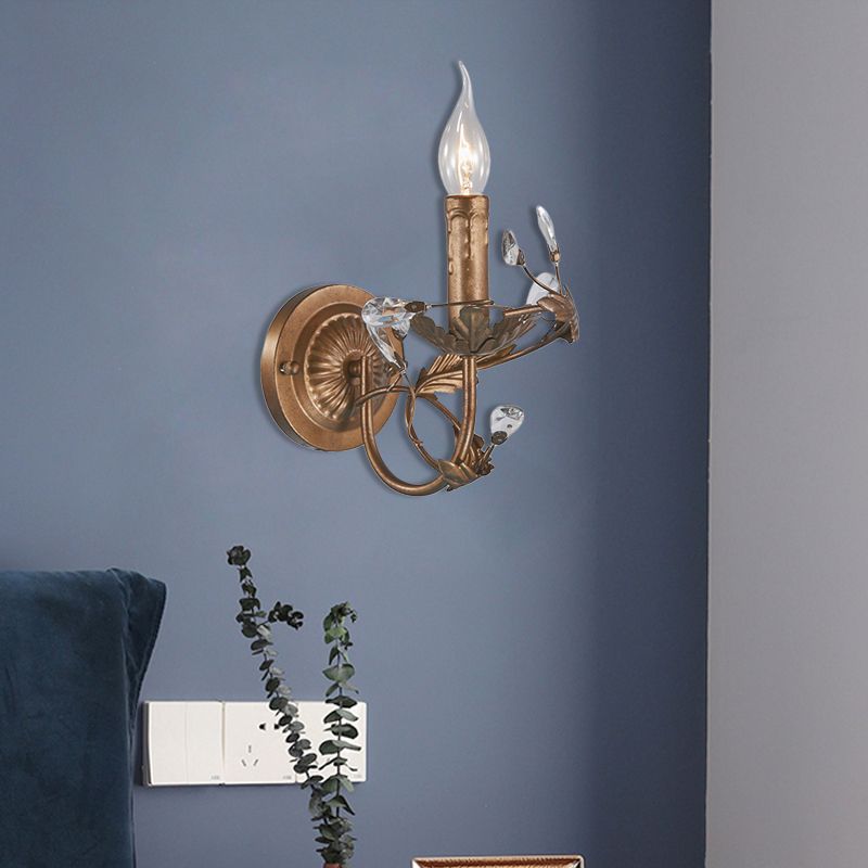 Vintage Candle Wall Sconce Light 1 Light Brass Metal Wall Mount Light with Crystal Accent