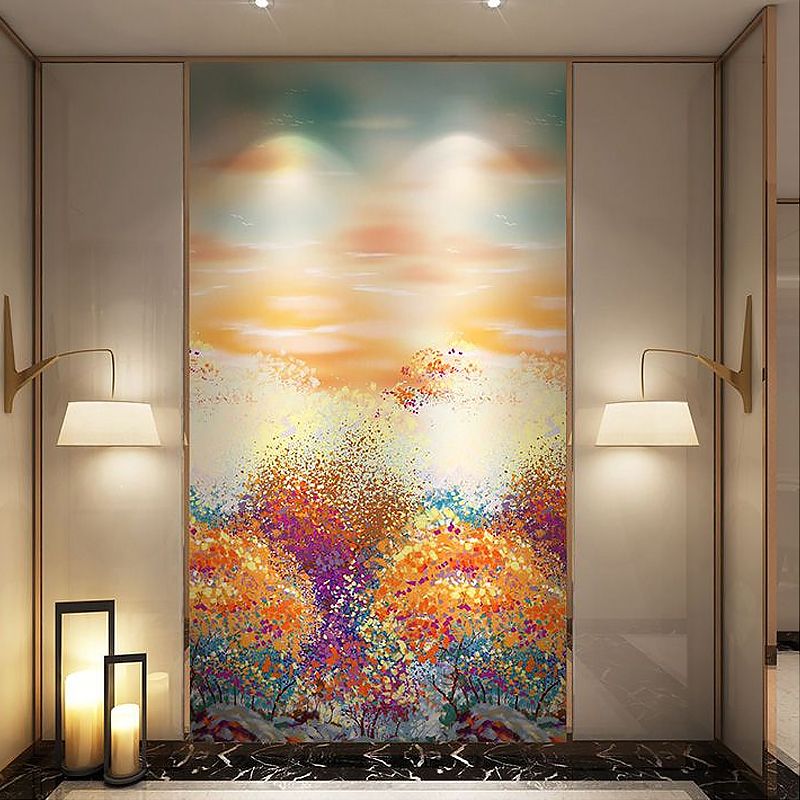 Contemporary Orange and Yellow Mural Extra Large Wall Art with Forest and Sky Pattern for Home Decoration