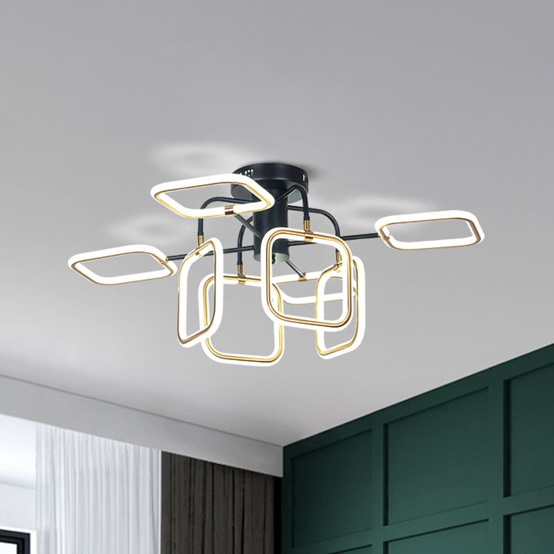 Gold-Black Square Semi-Flush Mount Modern 8 Bulbs Acrylic Ceiling Light Fixture in Warm/White Light