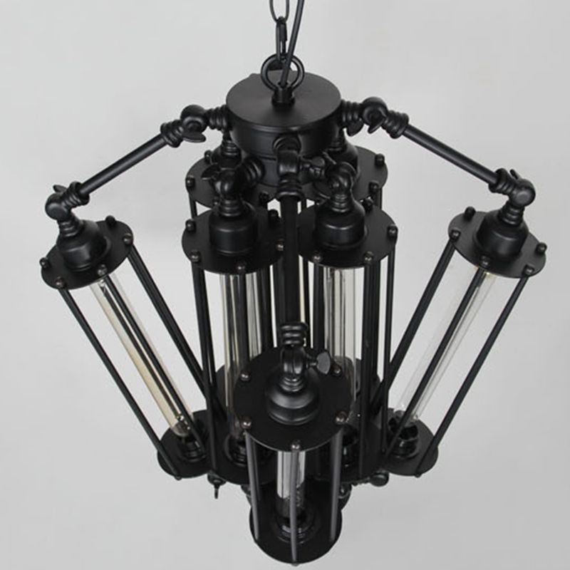 Black 8-Light Pendant Light in Industrial Retro Style Wrought Iron Linear Hanging Lamp