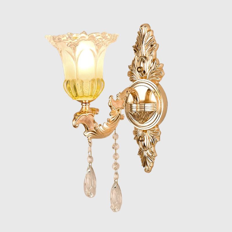 1/2 Heads Frosted Glass Wall Sconce Traditionalist Gold Flower Living Room Wall Mounted Light with Crystal Draping
