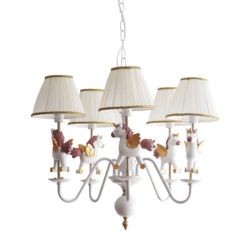 Kids White Pendant Light Unicorn 5 Bulbs Metal Chandelier with Fabric Shade for Girls Bedroom
