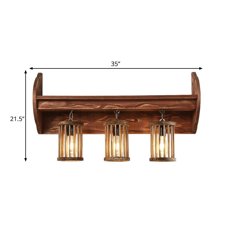 Cylinder Bedroom Wall Mount Light Factory Style Wood 3-Head Brown Wall Sconce Lighting