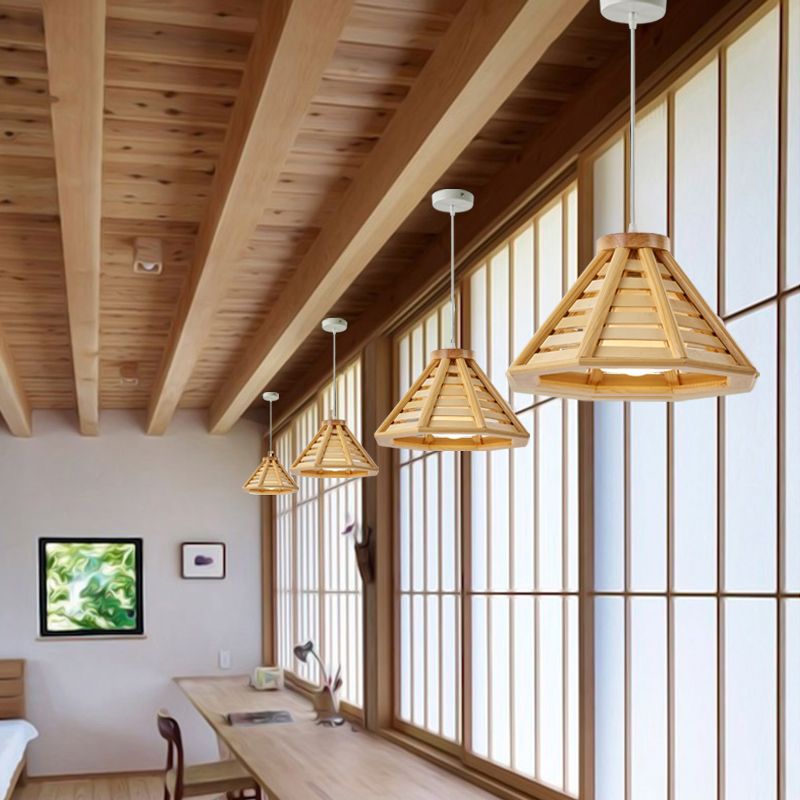 Pyramid Shape Hanging Lighting Modern Style Wood 1 Light Pendant Lamp for Dining Room