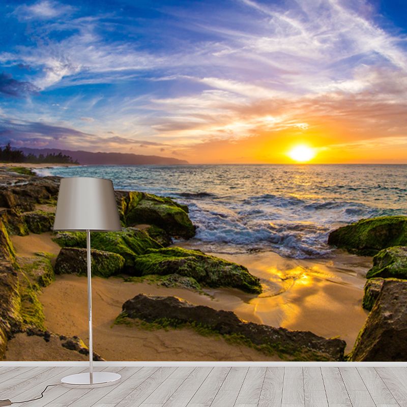 Full Size Twilight Coast Mural Wallpaper Yellow-Blue Non-Woven Wall Art, Waterproof, Custom Made