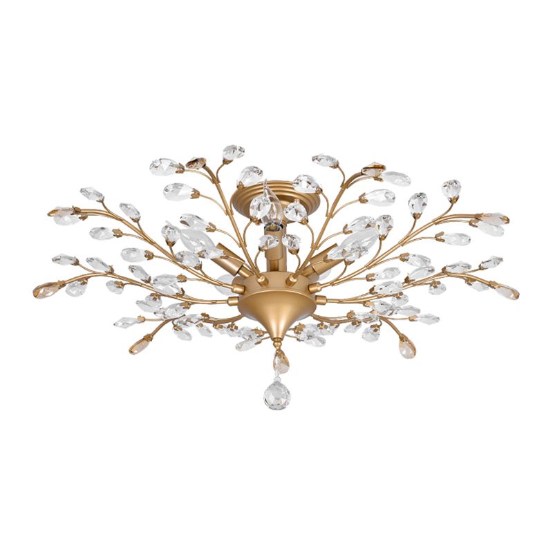 Unique Shape Crystal Flush Light Modern Style Multi Lights Flush Mount Fixture in Brass