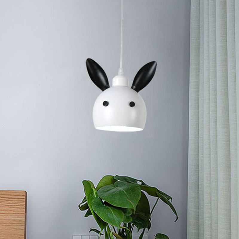 Rabbit Head Shape Down Lighting Cartoon Metallic 1-Head Bedside Pendulum Lamp in White and Black