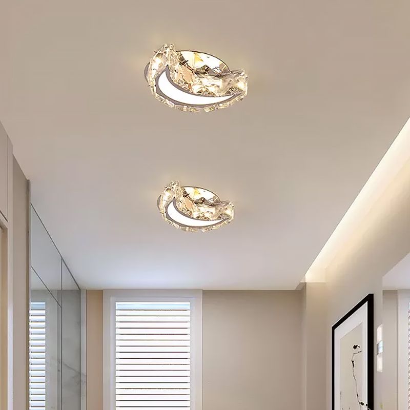 Simple Moon Flushmount Lighting Clear Faceted Crystal LED Hallway Close to Ceiling Light in Stainless-Steel