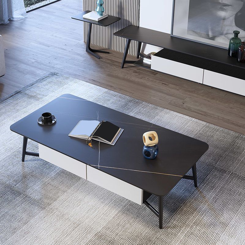 Modern Style Rock Slate Top White Gold/white/black Gold Metal Leg Coffee Table