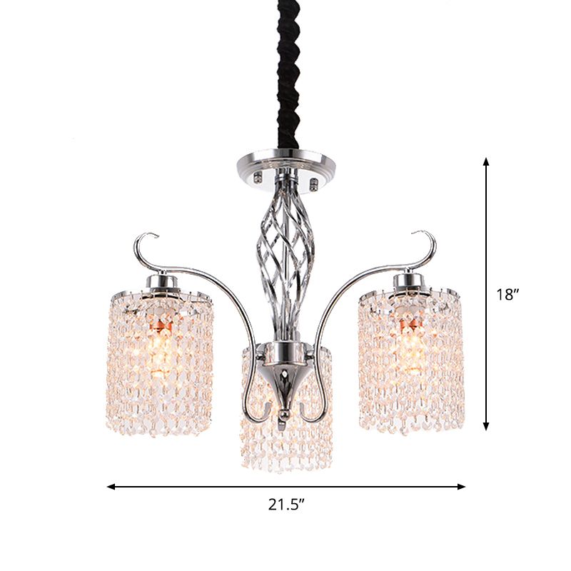 Chrome 3/5-Head Hanging Pendant Light Modern Crystal Strand Cylindrical Chandelier Lamp