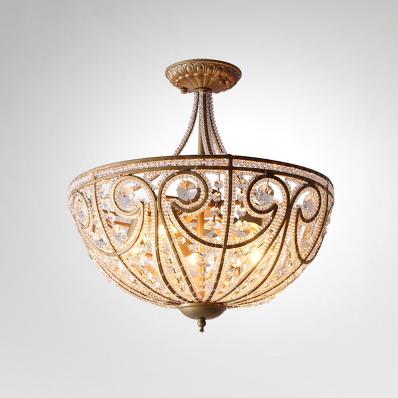 Dome Crystal Bead Semi Flush Vintage 5 Bulbs Living Room Flush Ceiling Light Fixture in Gold