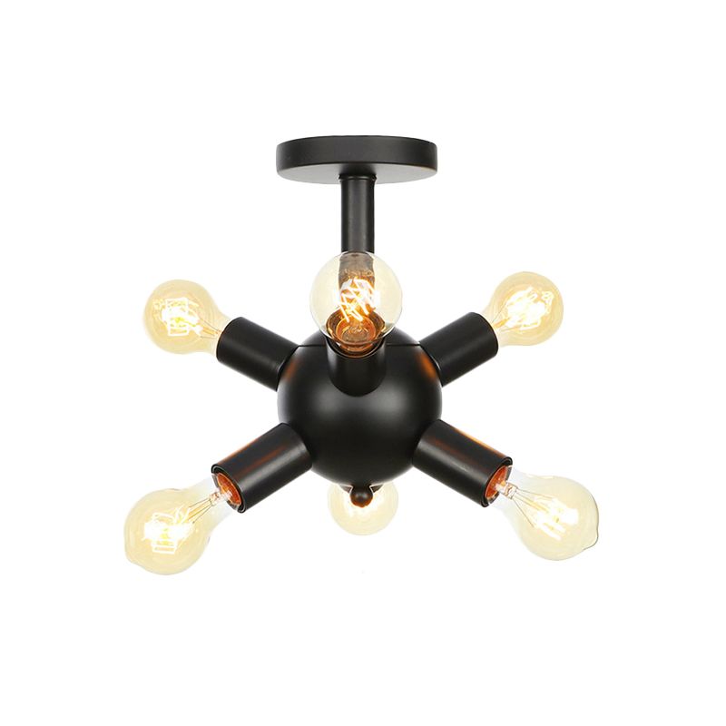 Metallic Sputnik Semi Flush Light Fixture Industrial 6/9/12 Bulbs Coffee House Flush Mount Lamp in Black