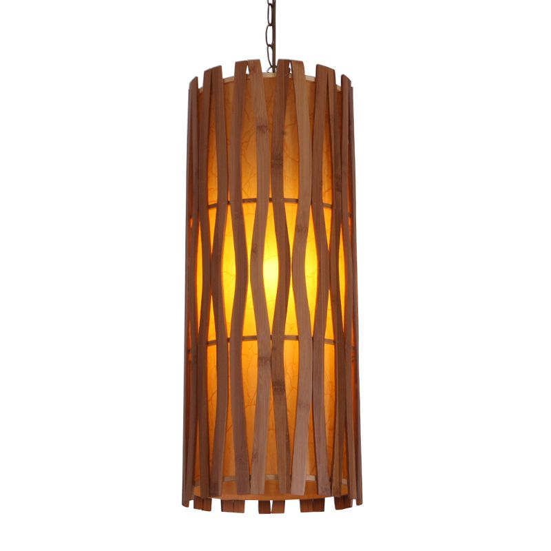 Asian Style Cylinder Ceiling Suspension Lamp Wooden Single Bulb Restaurant Hanging Light in Khaki