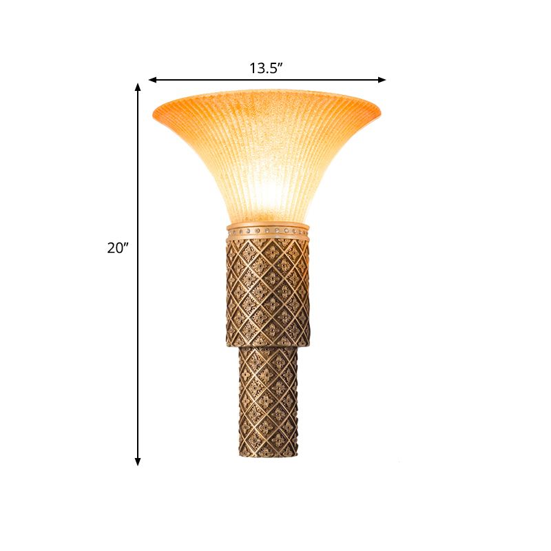 1 Light Wall Light Sconce with Bell Shade Yellow Glass and Resin Lodge Style Living Room Wall Lamp in Gold