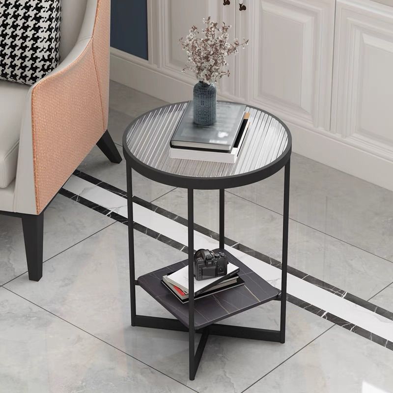 Modern Style Cocktail Table Round Coffee Table with Tempered Glass Top and Iron Art Base