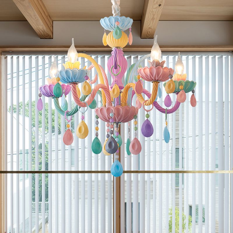 Candle Kid Bedroom Chandelier Glass Macaron Style Multi-Color Suspension Light with Teardrop Crystal