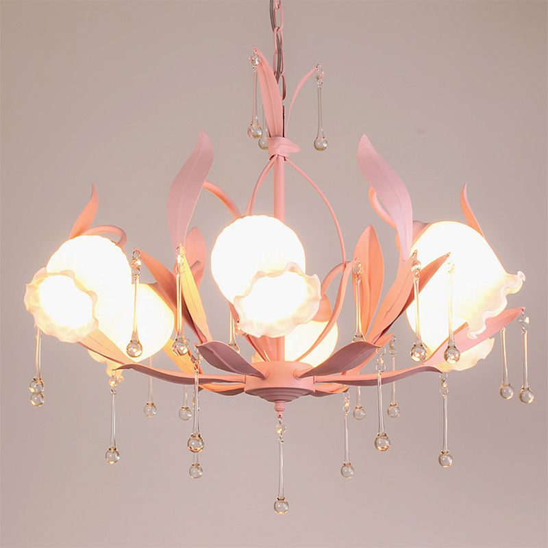 Pink/Blue/Green 6 Bulbs Chandelier Lamp Traditional Crystal Balls Floral Hanging Light Kit for Bedroom