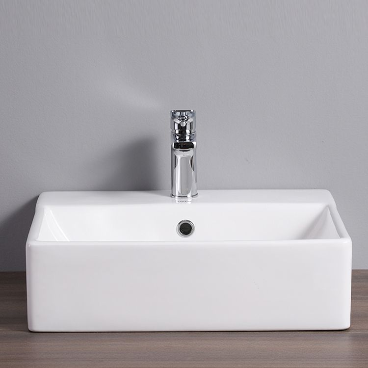 Bathroom Sink White Rectangle Overflow Ceramic One Hole Sink with Faucet