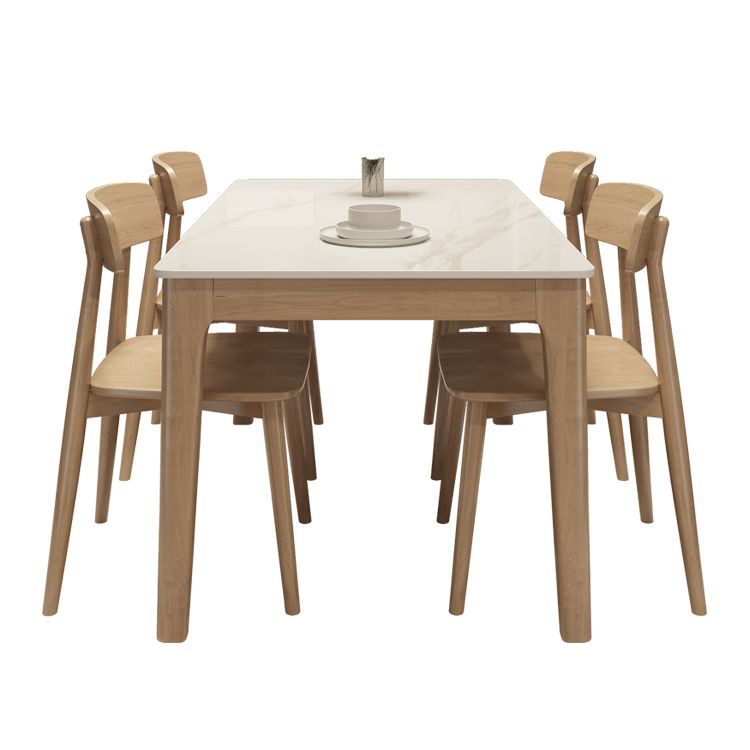 Modern White Stone Top Dining Table Rectangular Tabletop with Wood Legs