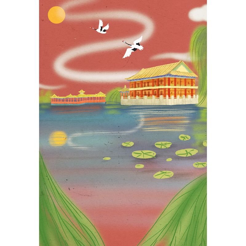 Temple by the Lakeside Mural Wallpaper Aqua Chinoiserie Wall Decor for Living Room