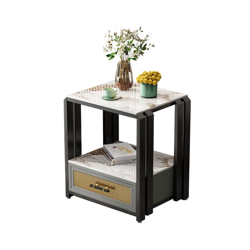 Frame Glam Style Side Table 21.6" Tall Stone Top Side Table with Storage