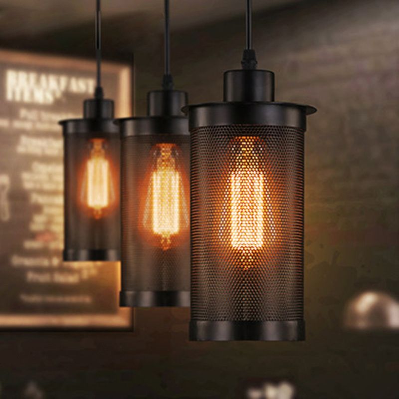 Black Cylindrical Iron Cage Hanging Light Retro Industrial Style Single Bulb Pendant Fixture