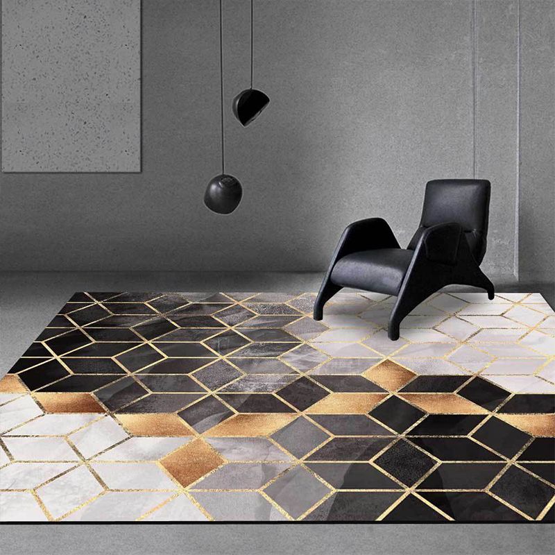 Contemporary Geometric Pattern Rug Black and Grey Polyester Rug Machine Washable Non-Slip Area Rug for Living Room