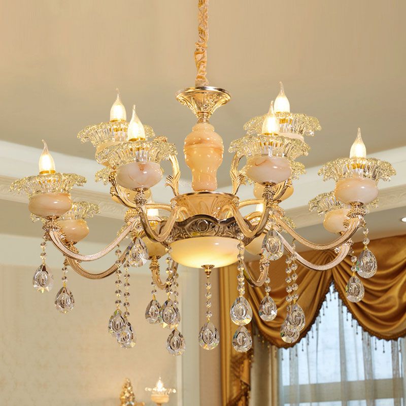 Floral Living Room Ceiling Pendant Rustic Jade Gold Chandelier Lighting Fixture with Crystal Draping