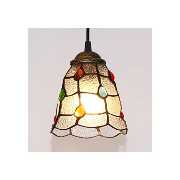 Clear Hand Cut Glass Trumpet Ceiling Lamp Tiffany 1 Head Hanging Pendant Light with Colorful Bead