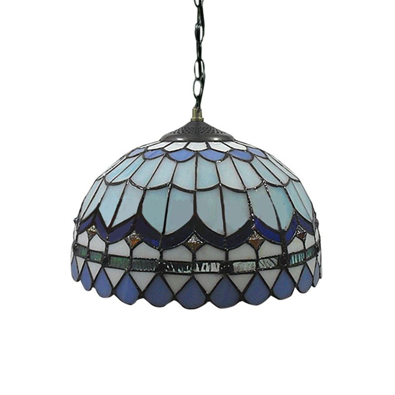 Domed Shade Living Room Suspension Light Stained Glass Traditional Tiffany Hanging Light in Blue