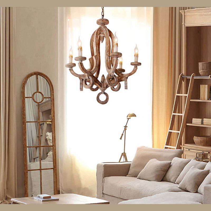 Éclair de lustre de style bougie français Éclairage de plafond en bois flotté antique pour salle à manger