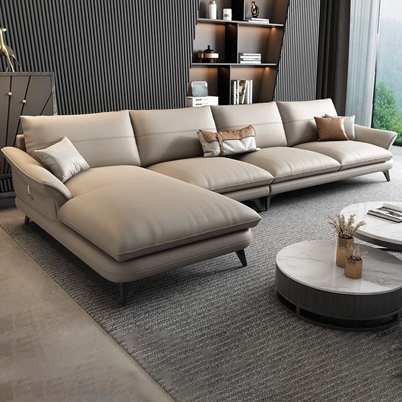 Nordic Stationary Genuine Leather Living Room Flared Arm Sofa Chaise