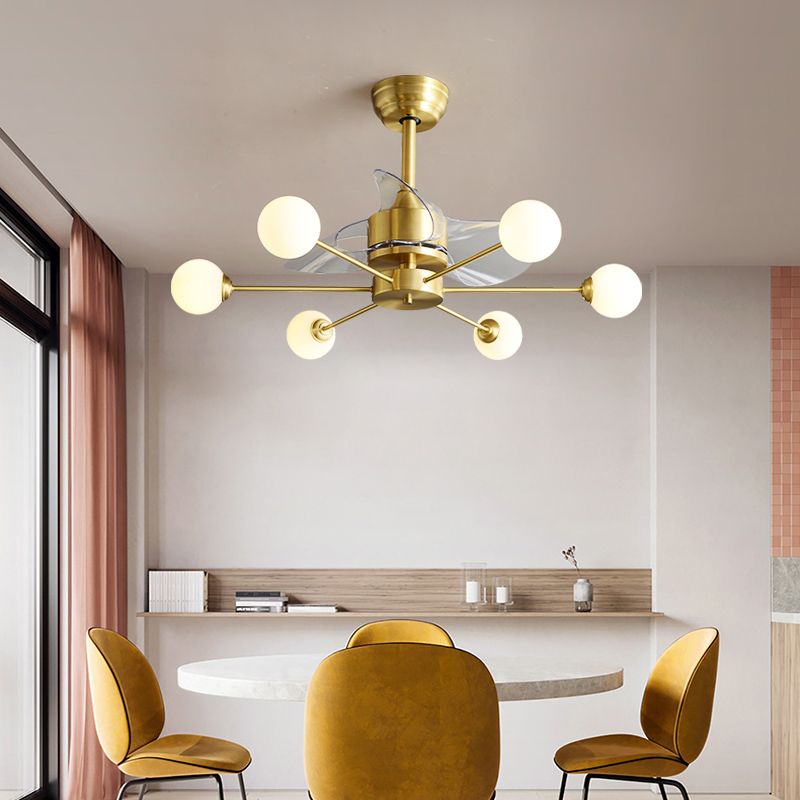 34" W Opaline Glass Ball Semi Flush Mount Lighting Postmodern Brass Remote Control Ceiling Fan Light with 3 Blades
