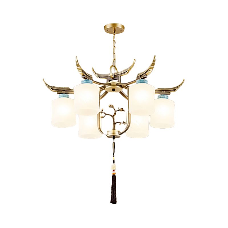 Cylinder Living Room Hanging Chandelier Traditional Style Metal 6/8/10 Lights Brass Ceiling Light with Frosted Glass Shade