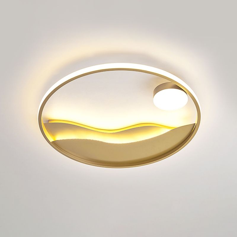 16"/19.5" W Modern Style LED Flush Light Aluminum Golden Sea Sunset Close to Ceiling Fixture with Glow Hoop in Warm/White Light