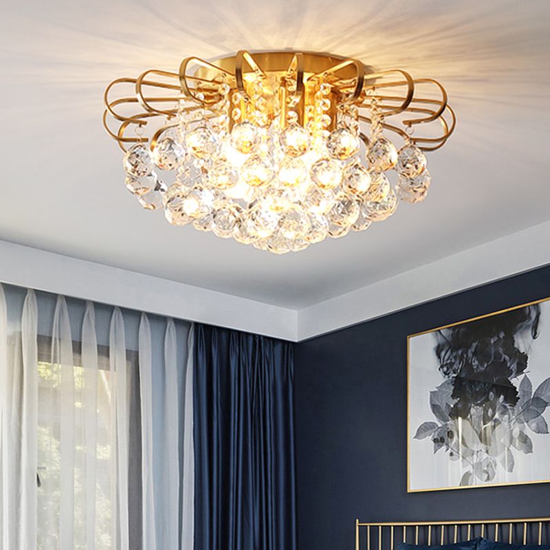 Gold Cascade Flush Mount Light Modern 3/5 Lights Crystal Ball Ceiling Mounted Light, 14"/18" Wide