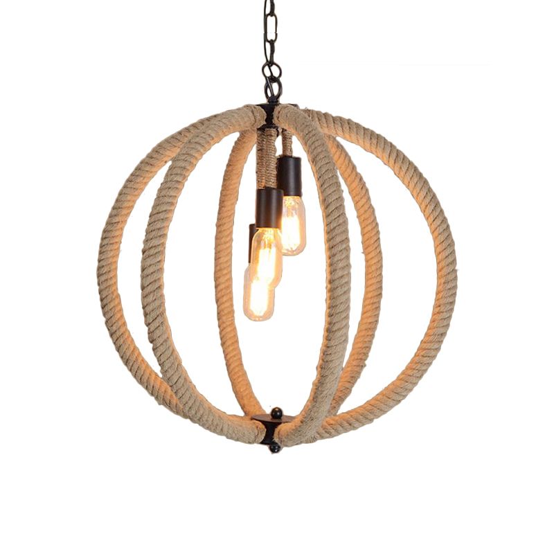Chandelier de couloir d'orbe Hanging Light Light Retro Style Corde de chanvre 3 lumières Lampe de plafond beige