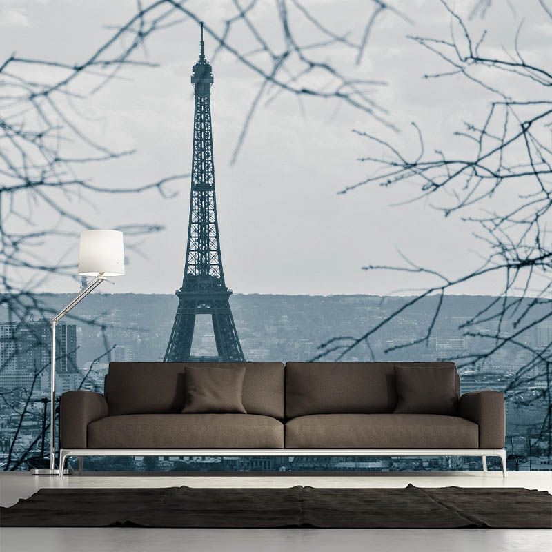 Tower Construction Illustration Pattern Mildew Wall Mural for Living Room