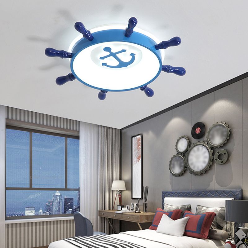 Kids LED Ceiling Flush Light Blue Rudder Flushmount Lighting with Acrylic Shade and Anchor Pattern