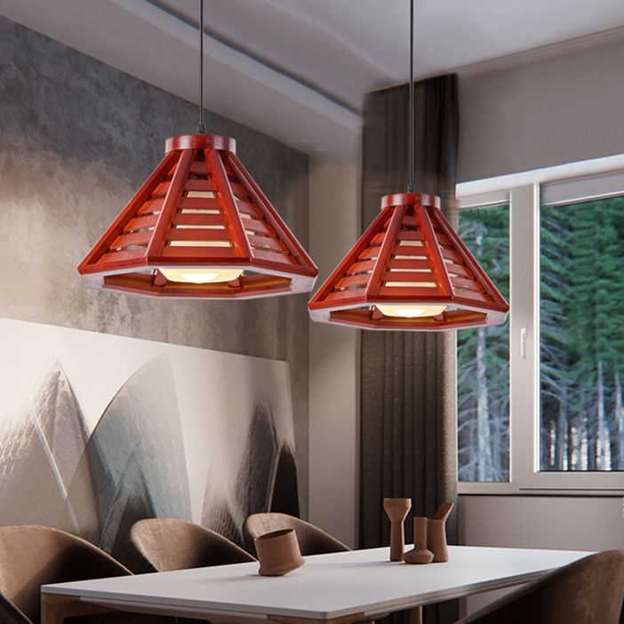 Pyramid Shape Hanging Lighting Modern Style Wood 1 Light Pendant Lamp for Dining Room