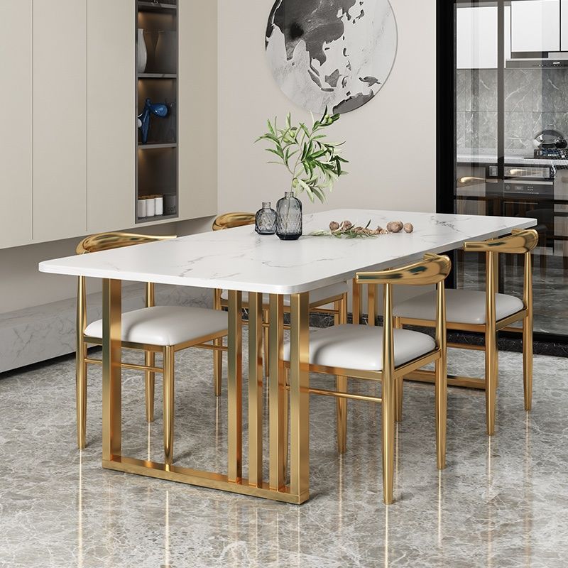 Rectangle Golden Base Dining Table Glam Stone Table for Kitchen