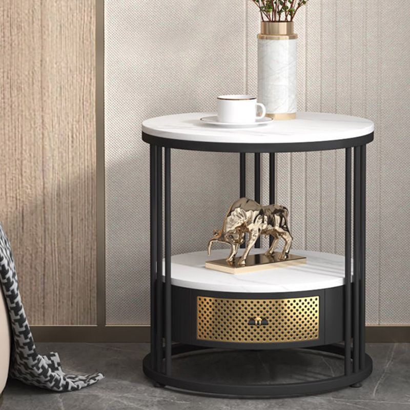 Mid-Century Modern Stone Top Metal Frame Sofa Side Table with Storage