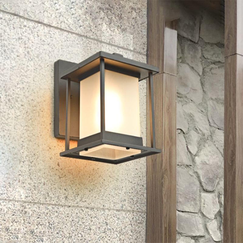 White Glass Rectangle Wall Lamp Rustic 1 Bulb Outdoor Wall Light in Coffee/Black with Metal Frame