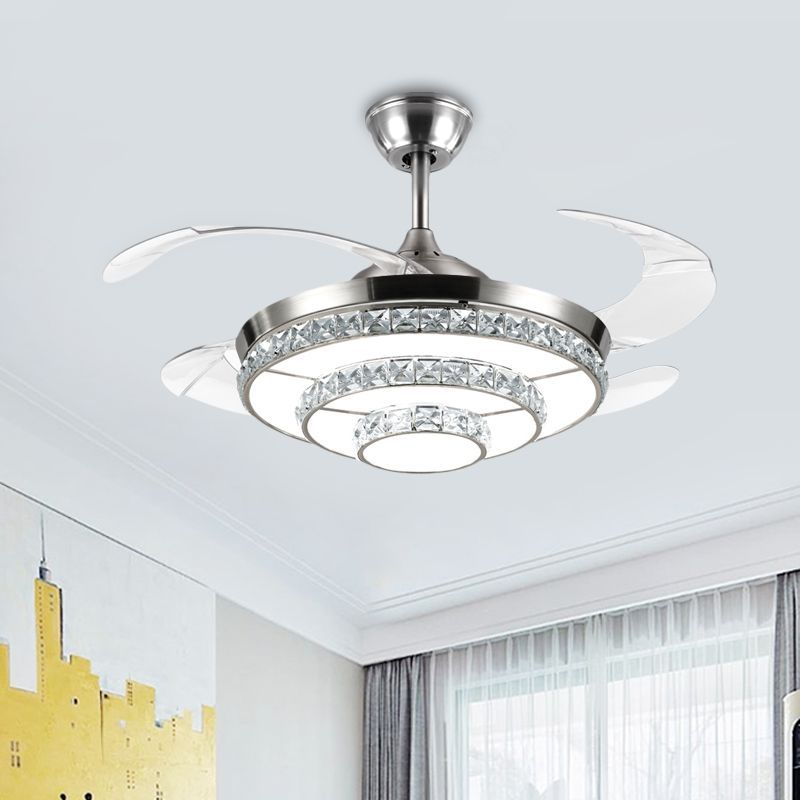 19 "W Modernismus LED Deckenventilator Lampe Silber 3-Tier Semi Flush Mount Light mit Kristallblockschatten, 4 Klingen