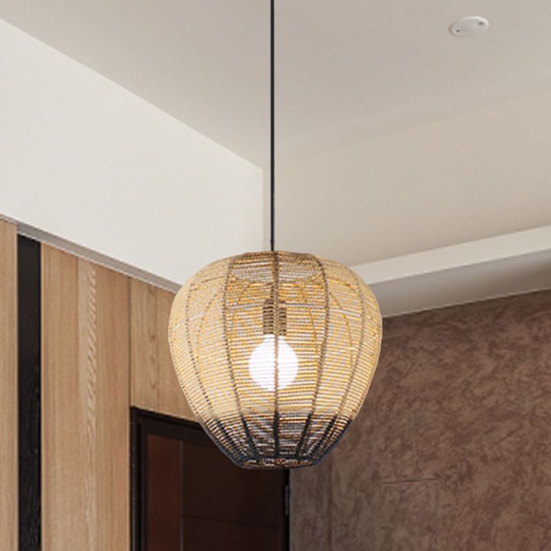 1 Light Tea Room Suspension Light Modern Wood and Black Ceiling Hang Fixture with Waterdrop Rattan Shade