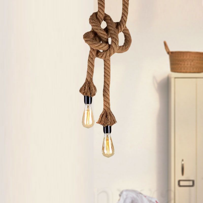 Light Brown 2 Heads Ceiling Pendant Light Vintage Style Rope Open Bulb Hanging Lighting for Bar